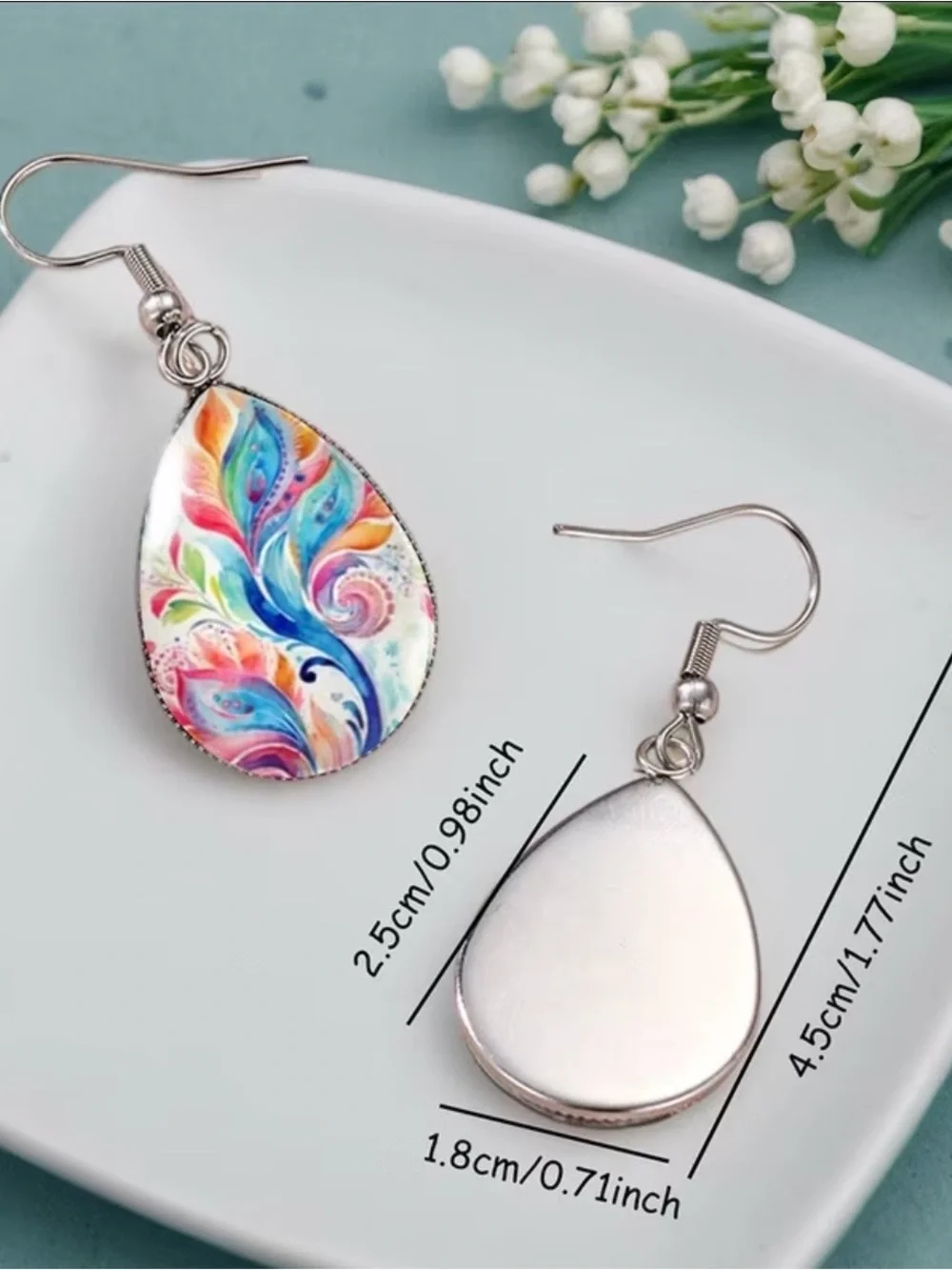 Vibrant Watercolor Abstract Floral Leaf Teardrop Cabochon Glass Earrings